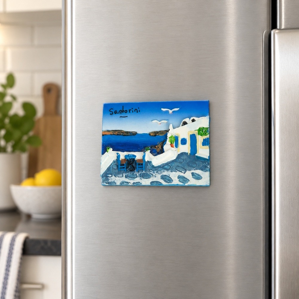 Santorini Greece 3D Refrigerator Magnet Hand Painted Greek Island Souvenir Blue